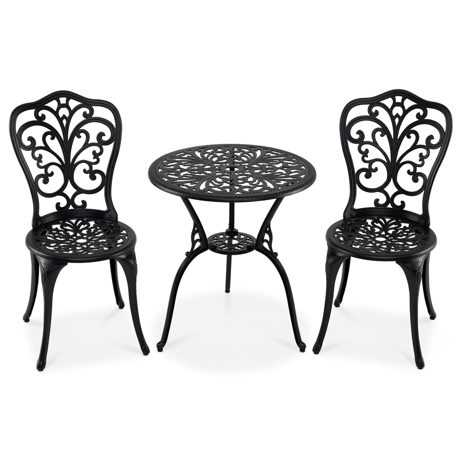 3-Piece Patio Bistro Set All Weather Cast Aluminum Table and Chairs with Umbrella Hole and Butterfly Backrests-Black - Image 4
