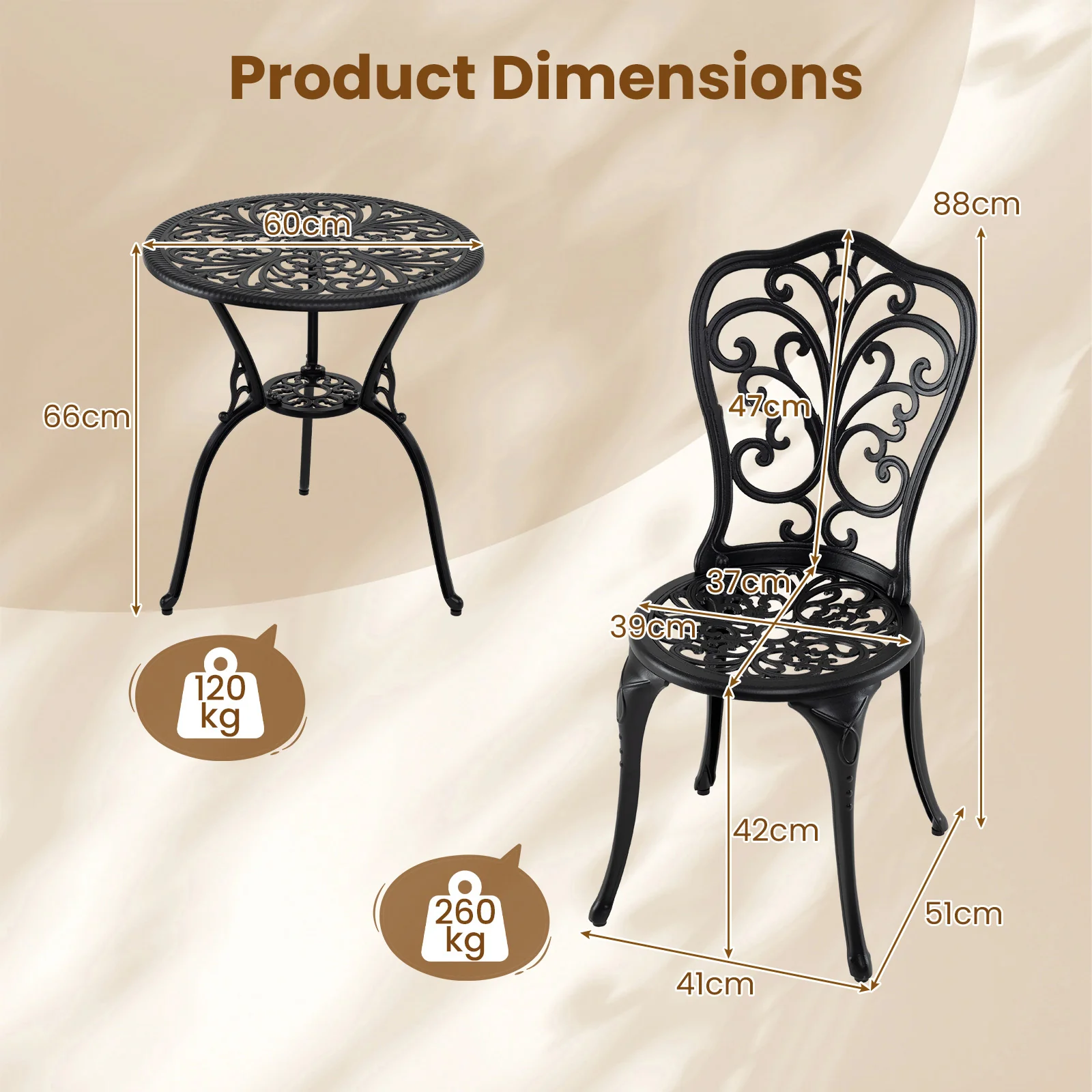 3-Piece Patio Bistro Set All Weather Cast Aluminum Table and Chairs with Umbrella Hole and Butterfly Backrests-Black - Image 5