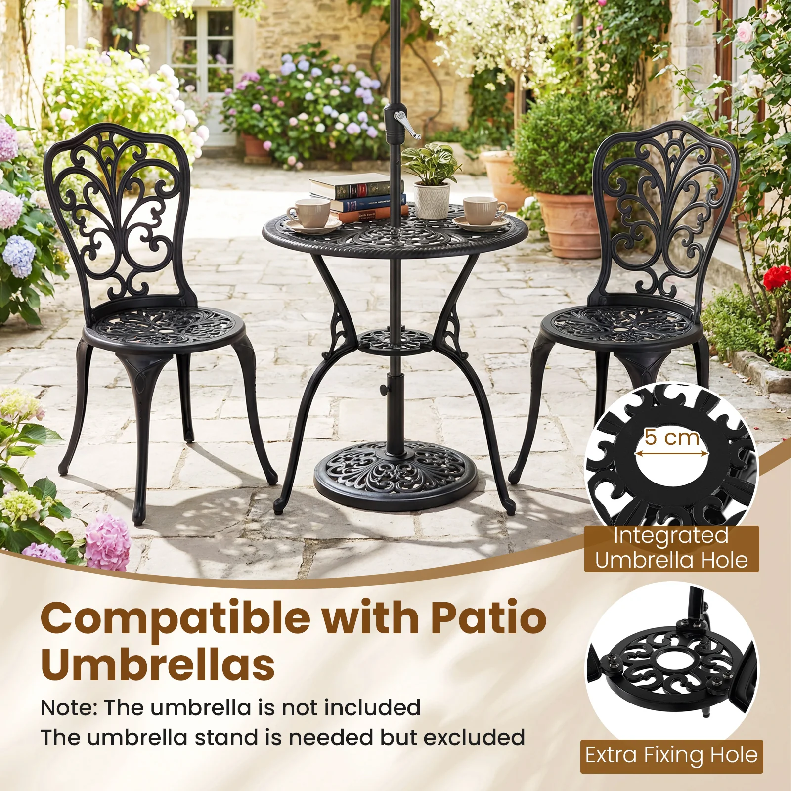 3-Piece Patio Bistro Set All Weather Cast Aluminum Table and Chairs with Umbrella Hole and Butterfly Backrests-Black - Image 6
