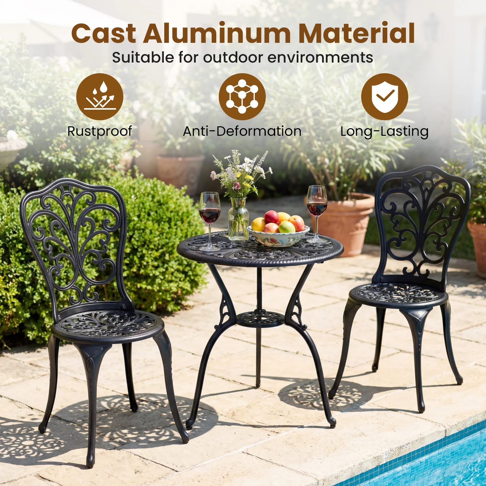 3-Piece Patio Bistro Set All Weather Cast Aluminum Table and Chairs with Umbrella Hole and Butterfly Backrests-Black - Image 7
