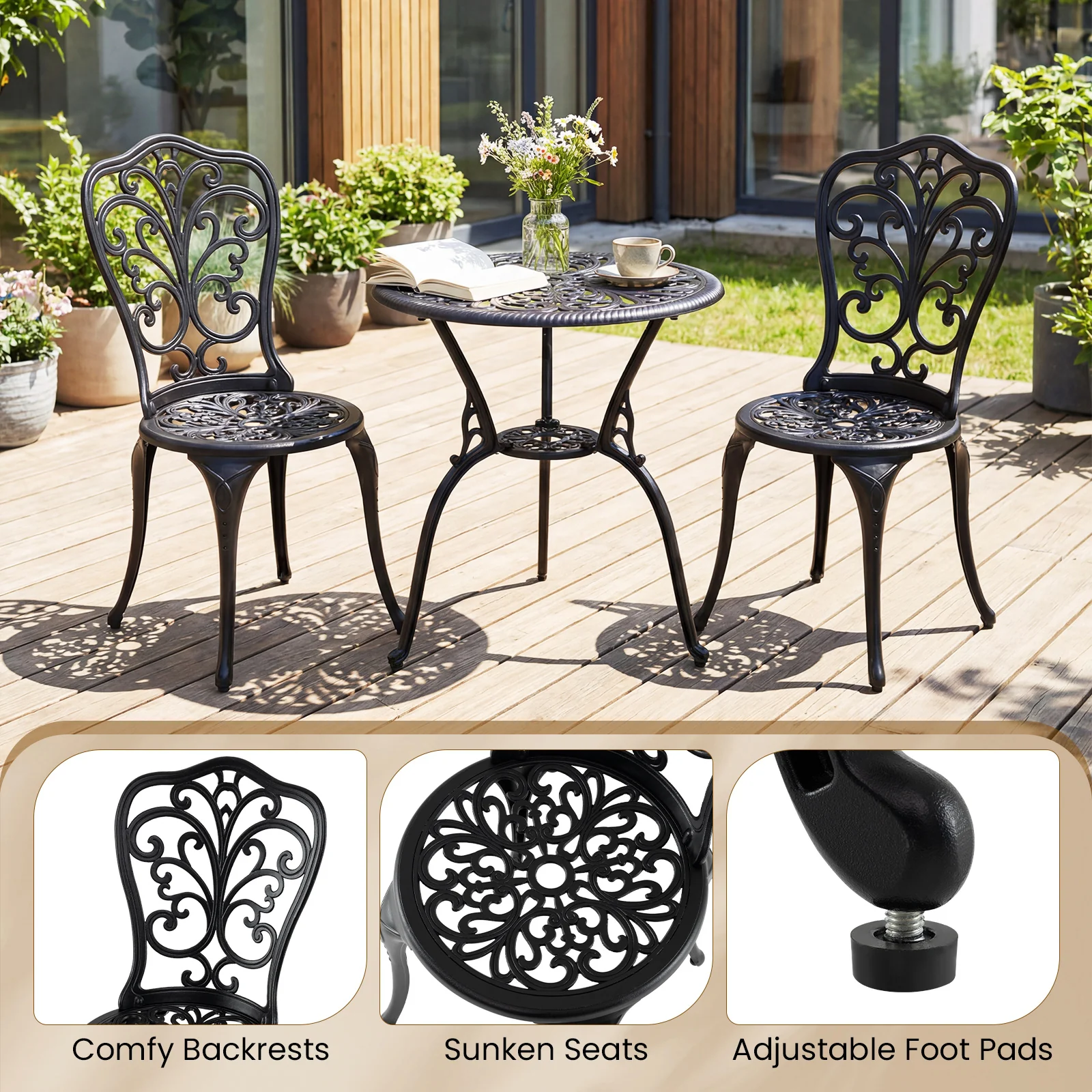 3-Piece Patio Bistro Set All Weather Cast Aluminum Table and Chairs with Umbrella Hole and Butterfly Backrests-Black - Image 9