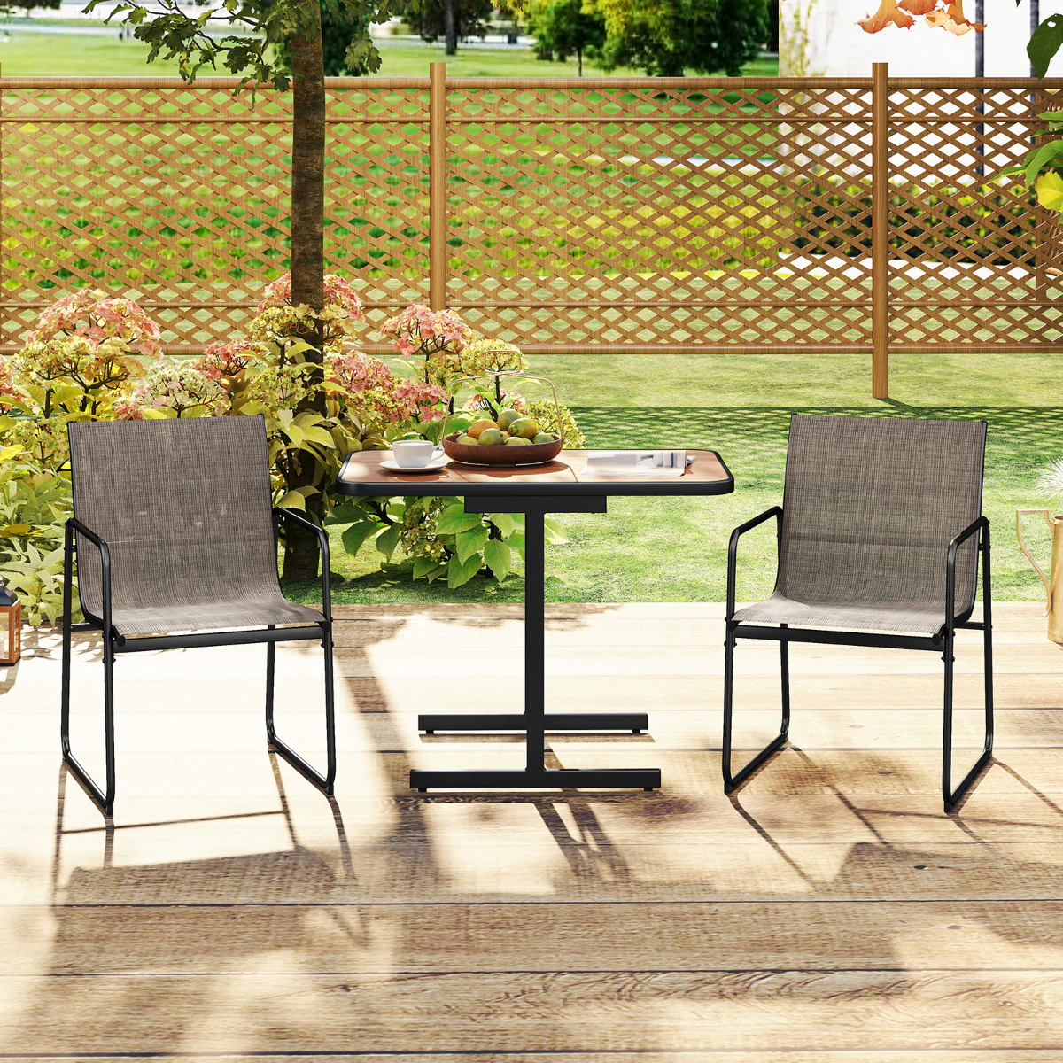 3-Piece Patio Bistro Set with Rectangle Dining Table and Fabric Armchairs-Brown - Image 6