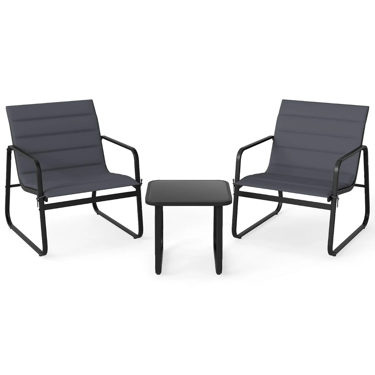 3 Piece Patio Bistro Set with Removable Cushions and Tempered Glass Tabletop-Grey