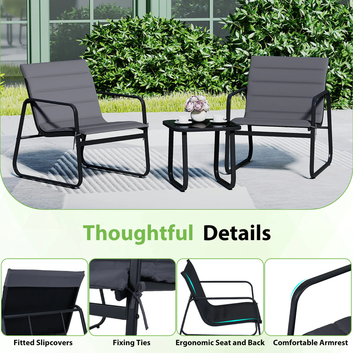 3 Piece Patio Bistro Set with Removable Cushions and Tempered Glass Tabletop-Grey - Image 10