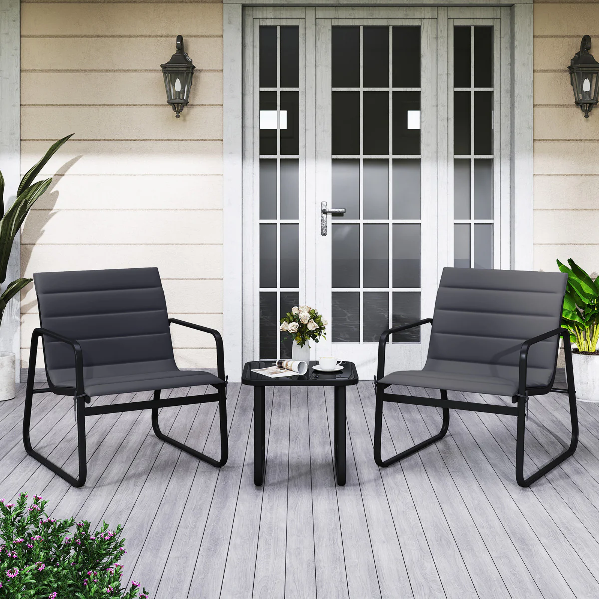 3 Piece Patio Bistro Set with Removable Cushions and Tempered Glass Tabletop-Grey - Image 2