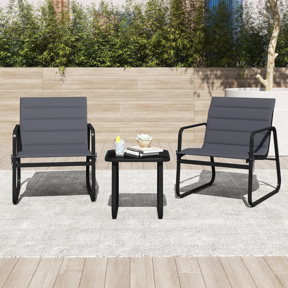 3 Piece Patio Bistro Set with Removable Cushions and Tempered Glass Tabletop-Grey - Image 3