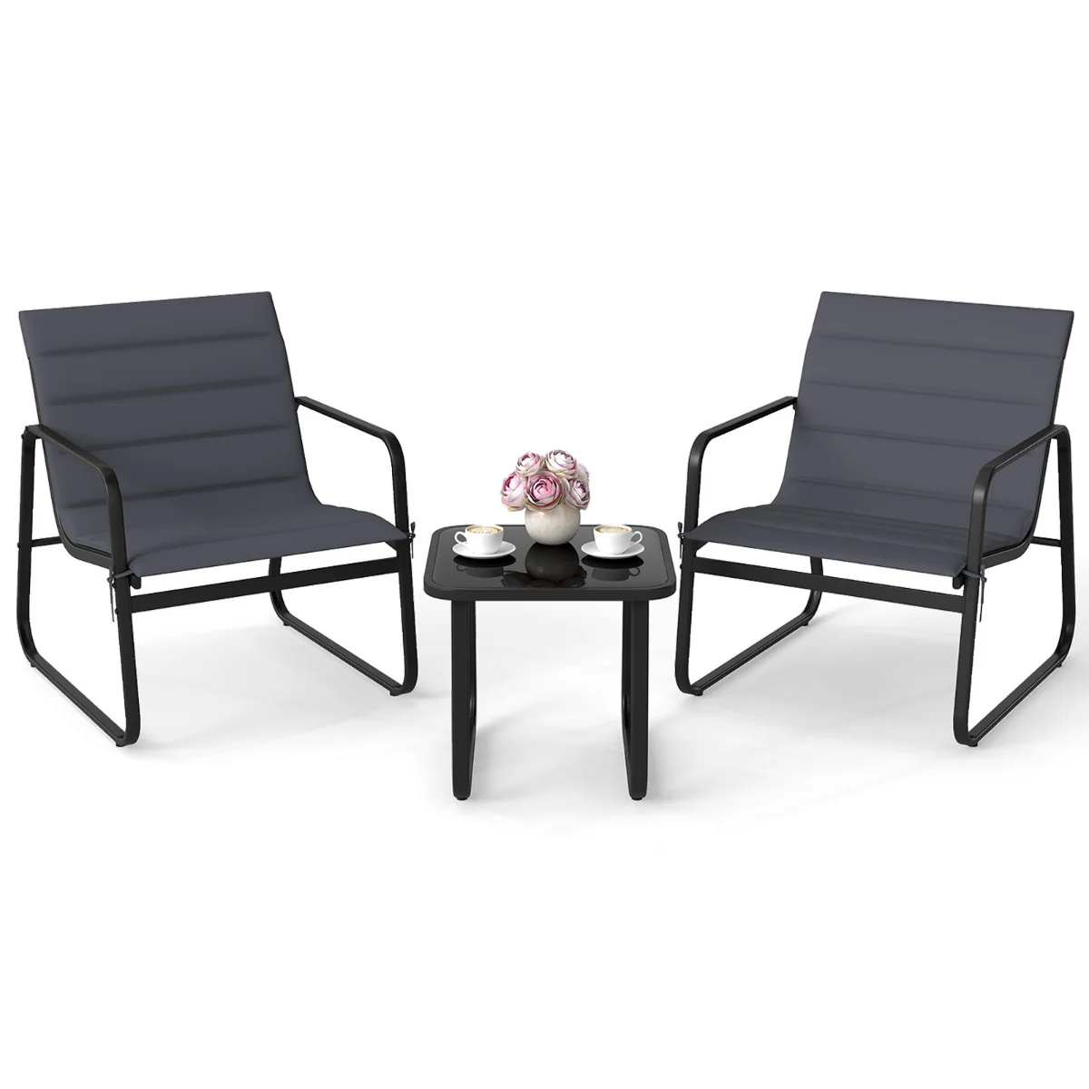 3 Piece Patio Bistro Set with Removable Cushions and Tempered Glass Tabletop-Grey - Image 4