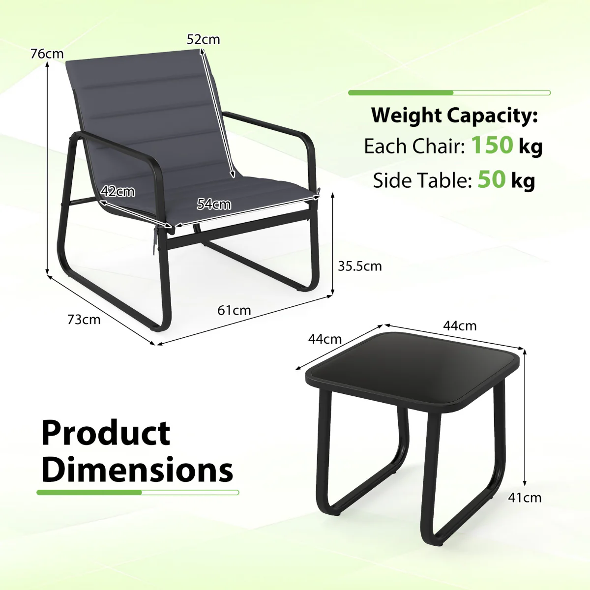 3 Piece Patio Bistro Set with Removable Cushions and Tempered Glass Tabletop-Grey - Image 5