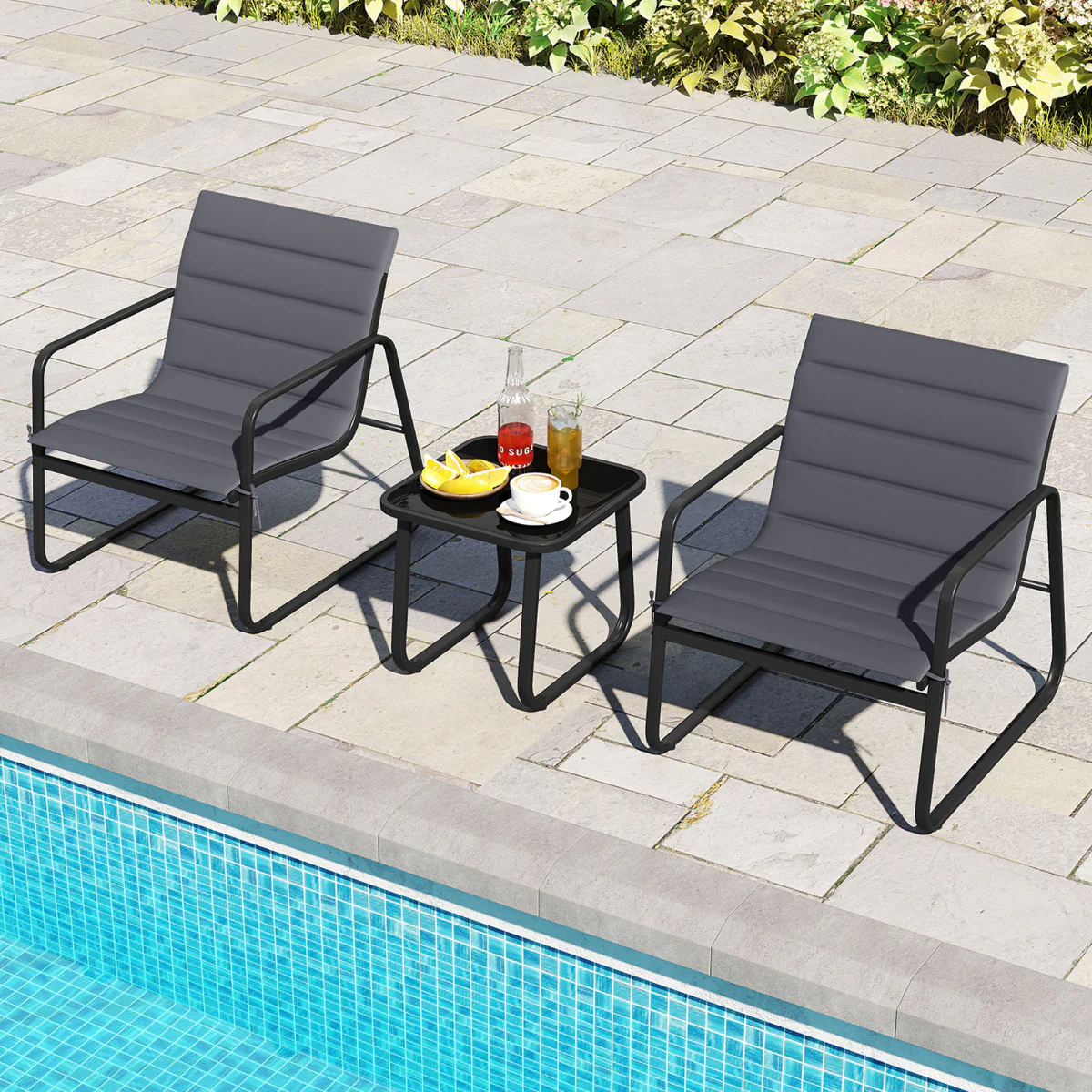 3 Piece Patio Bistro Set with Removable Cushions and Tempered Glass Tabletop-Grey - Image 6