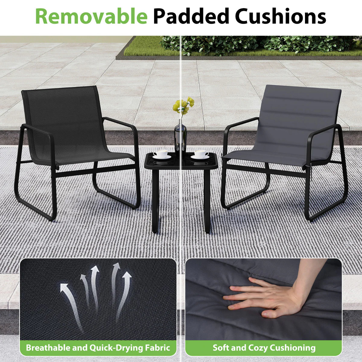 3 Piece Patio Bistro Set with Removable Cushions and Tempered Glass Tabletop-Grey - Image 8