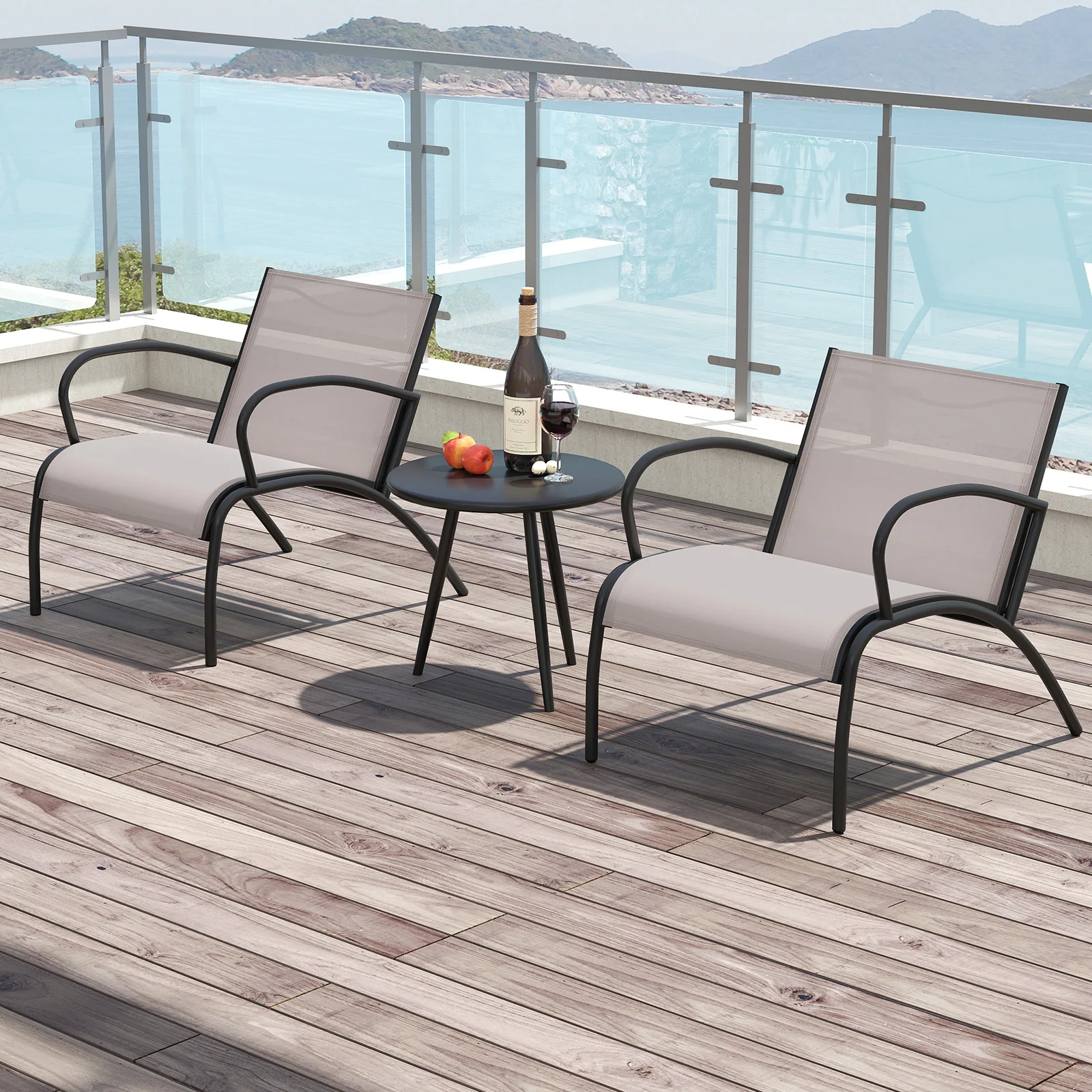 3 Piece Patio Chair Set Metal Aluminum Wide Armchair and Table Set-Light Grey - Image 3