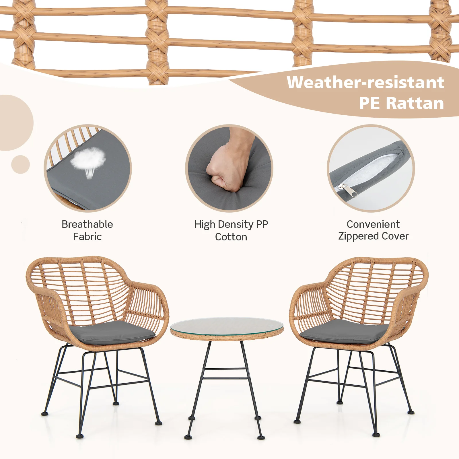 3 Piece Patio Rattan Set With 2 Cushioned Chairs And Tempered Glass Table-Gray - Image 5