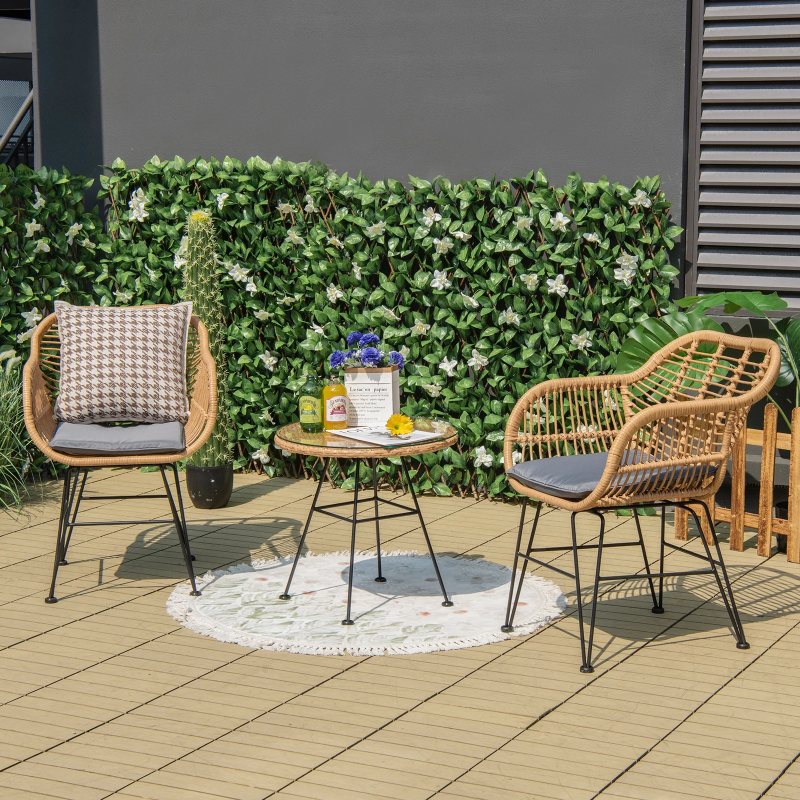 3 Piece Patio Rattan Set With 2 Cushioned Chairs And Tempered Glass Table-Gray - Image 6