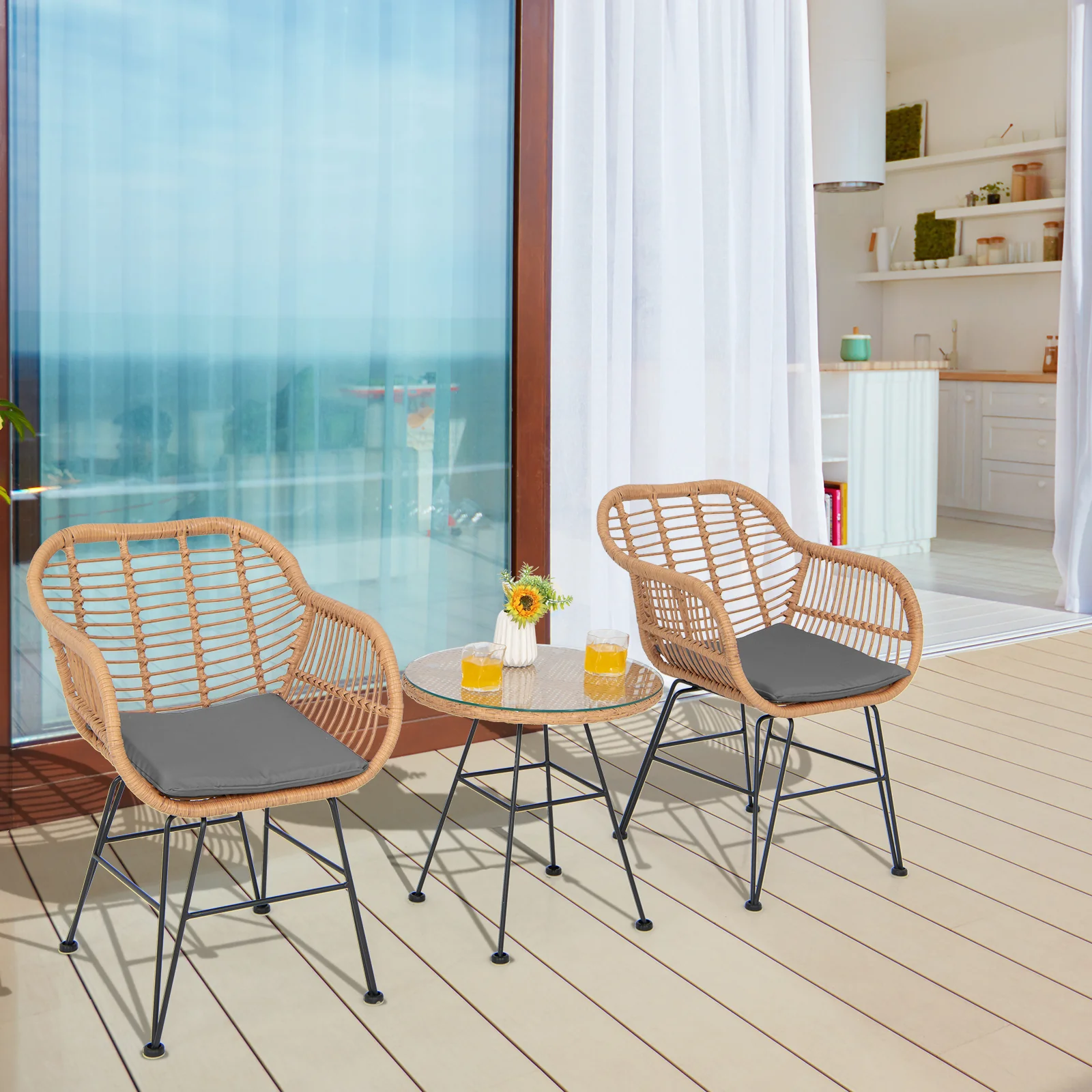 3 Piece Patio Rattan Set With 2 Cushioned Chairs And Tempered Glass Table-Gray - Image 7
