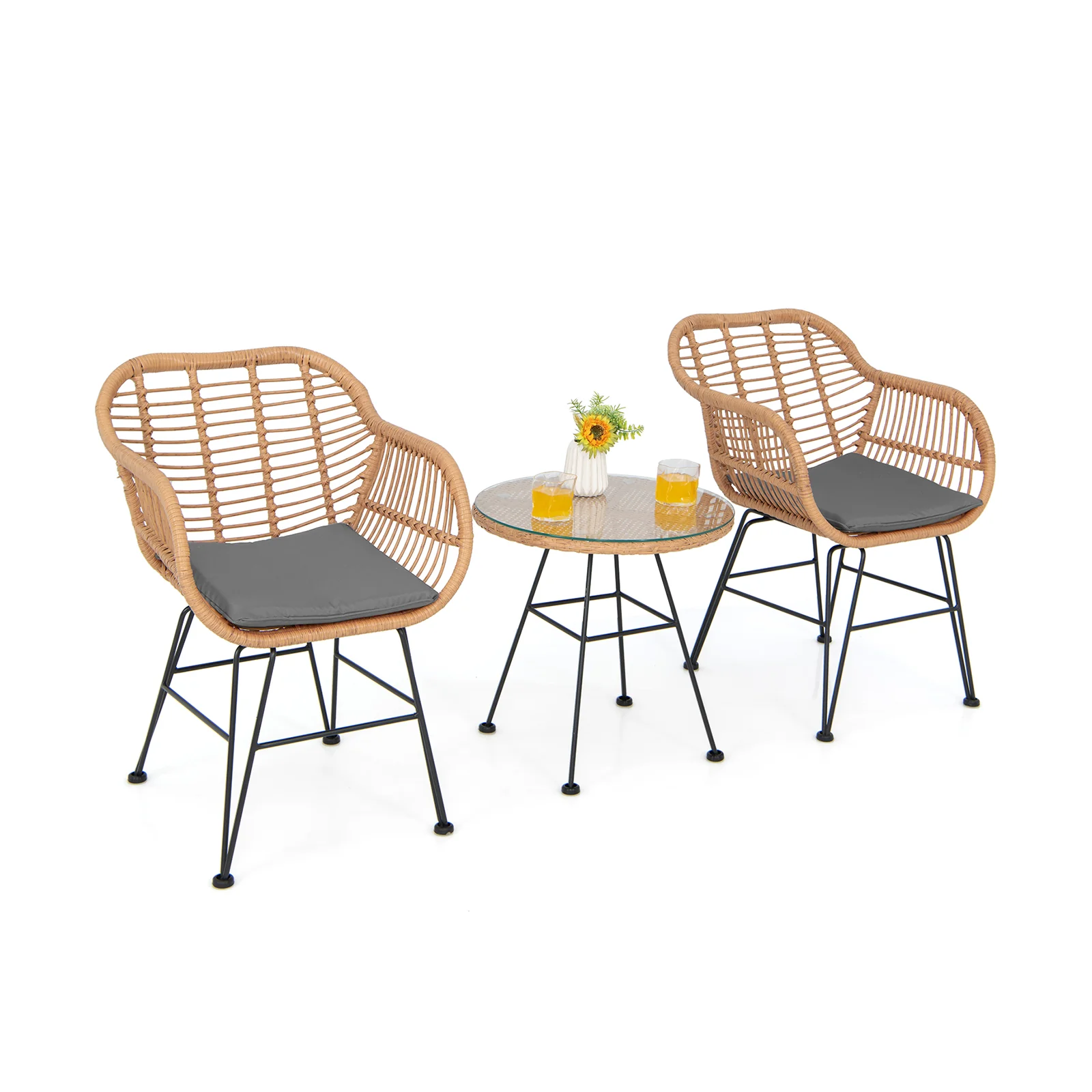 3 Piece Patio Rattan Set With 2 Cushioned Chairs And Tempered Glass Table-Gray - Image 8