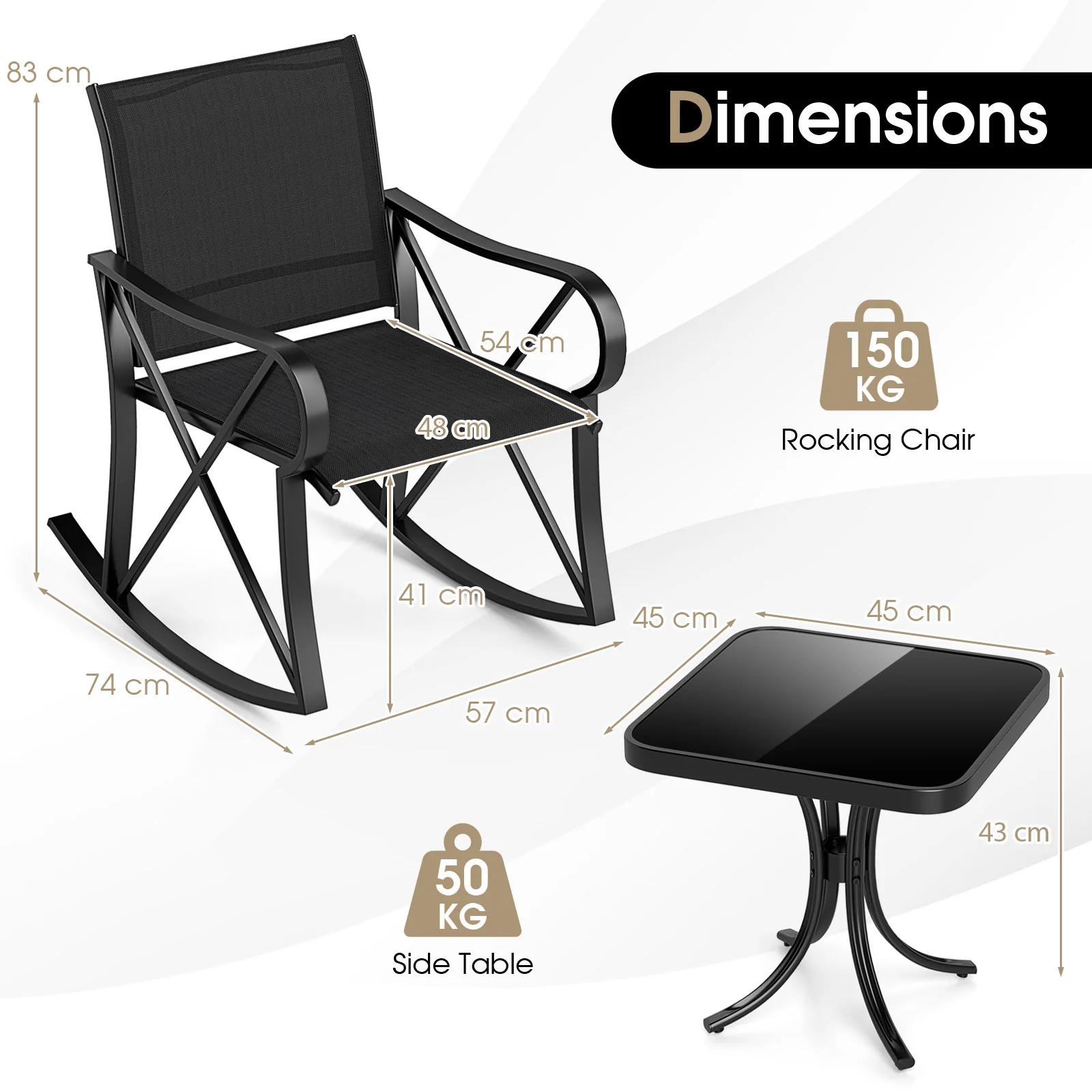3-Piece Patio Rocking Bistro Rocker Chairs Set with Glass-Top Side Table-Black - Image 5