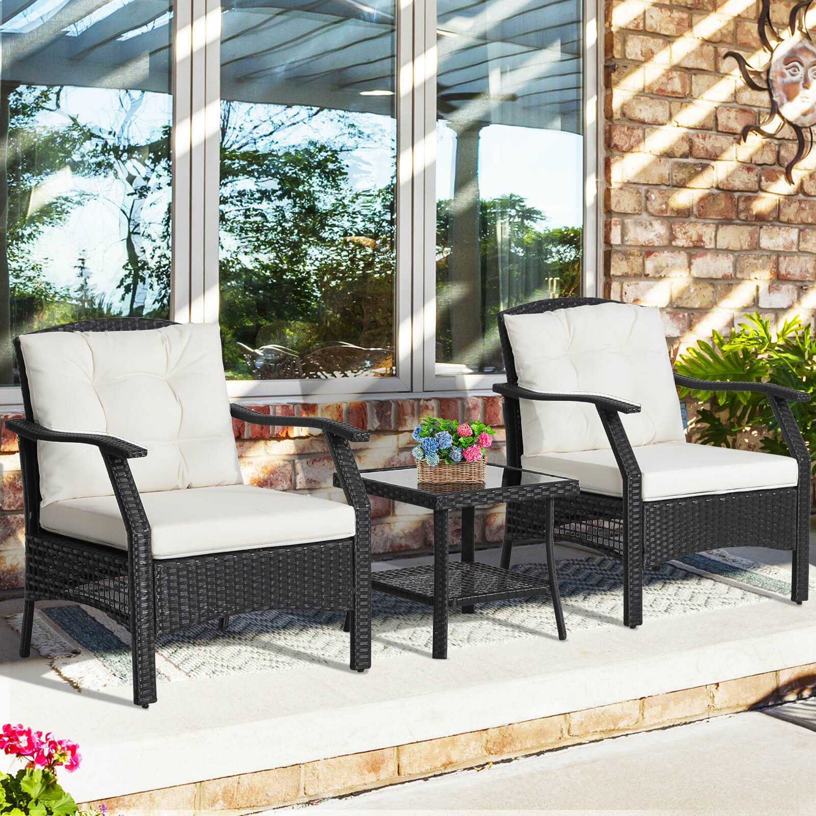 3 Pieces Garden Furniture Set with 2-Tier Tempered Glass Coffee Table - Image 2