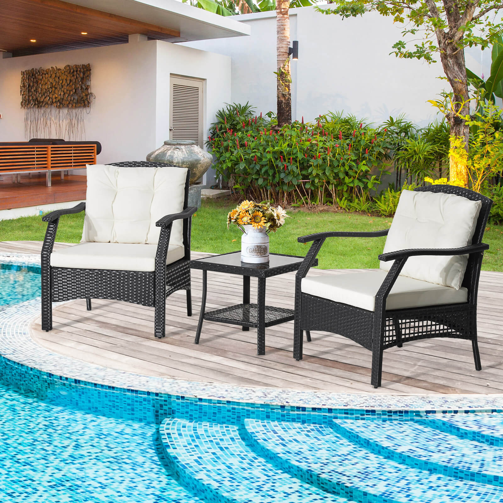 3 Pieces Garden Furniture Set with 2-Tier Tempered Glass Coffee Table - Image 5