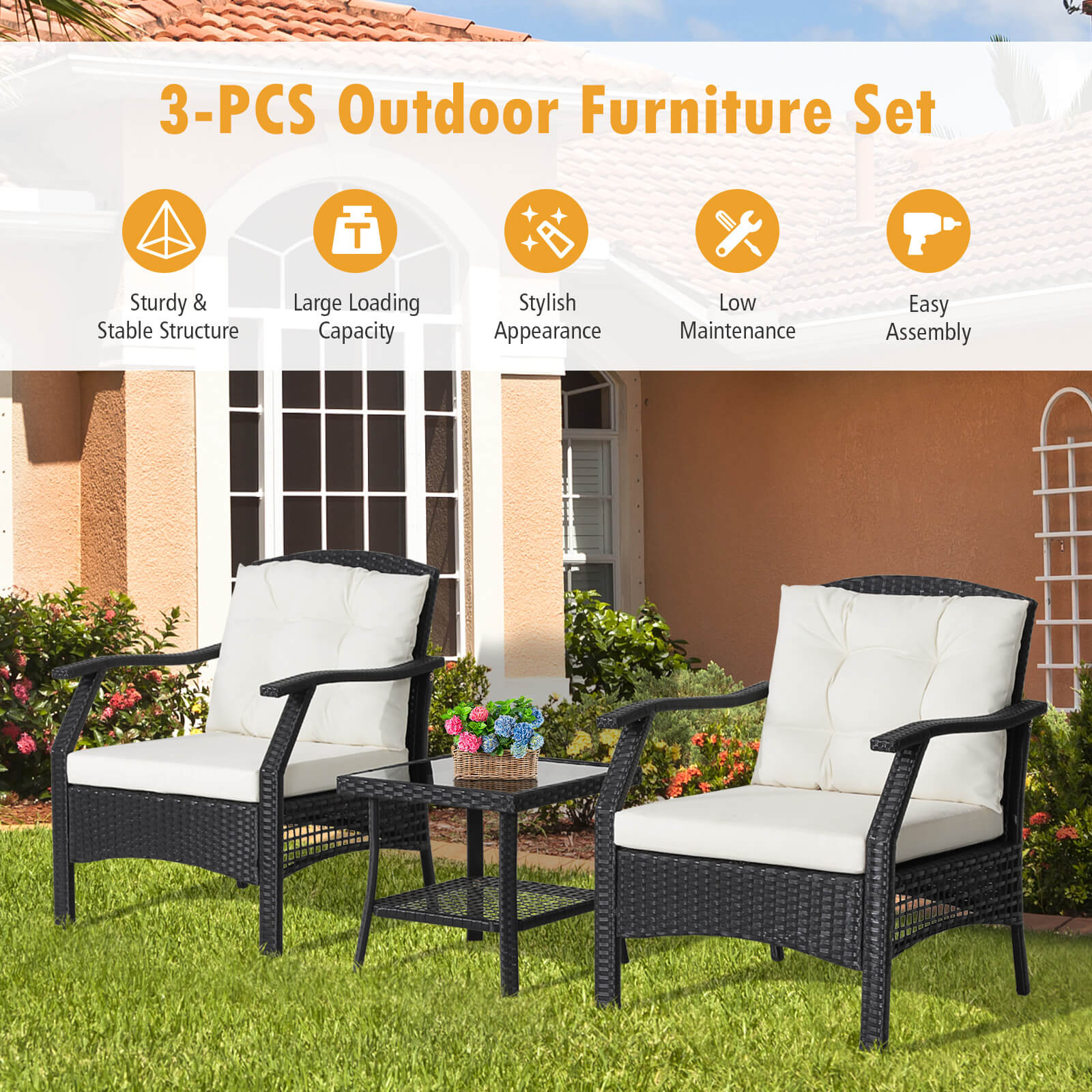 3 Pieces Garden Furniture Set with 2-Tier Tempered Glass Coffee Table - Image 6