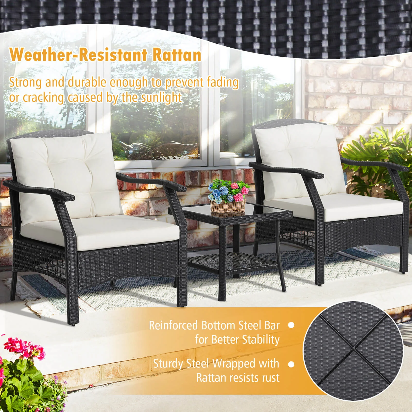 3 Pieces Garden Furniture Set with 2-Tier Tempered Glass Coffee Table - Image 8