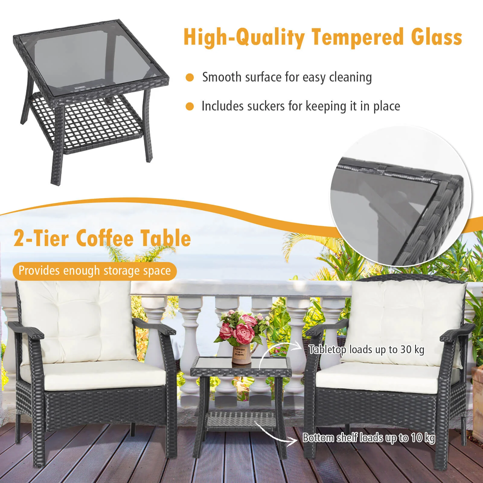 3 Pieces Garden Furniture Set with 2-Tier Tempered Glass Coffee Table - Image 9