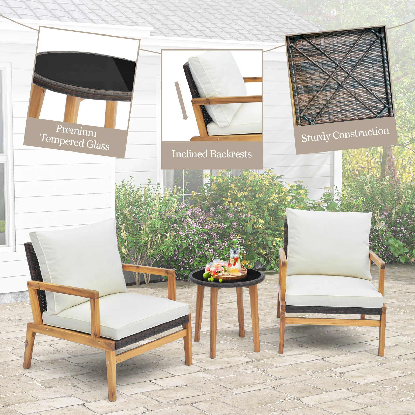 3 Pieces Garden Wicker Chair And Side Table Set With Soft Cushions-White - Image 9