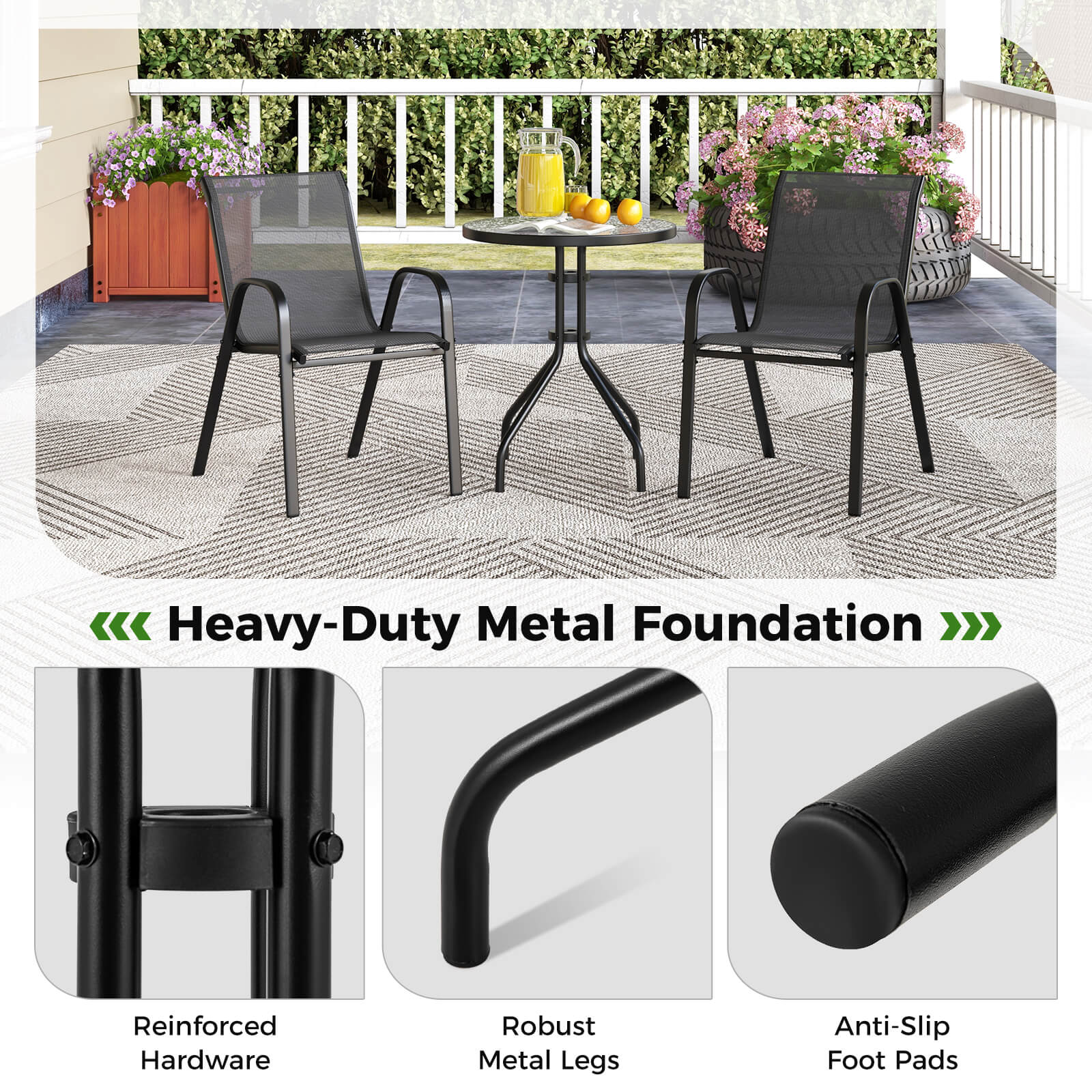 3 Pieces Outdoor Bistro Set with 2 Stackable Chairs and Round Side Table-Black - Image 10