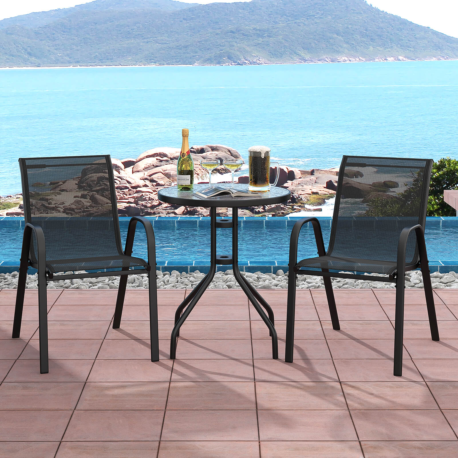 3 Pieces Outdoor Bistro Set with 2 Stackable Chairs and Round Side Table-Black - Image 2