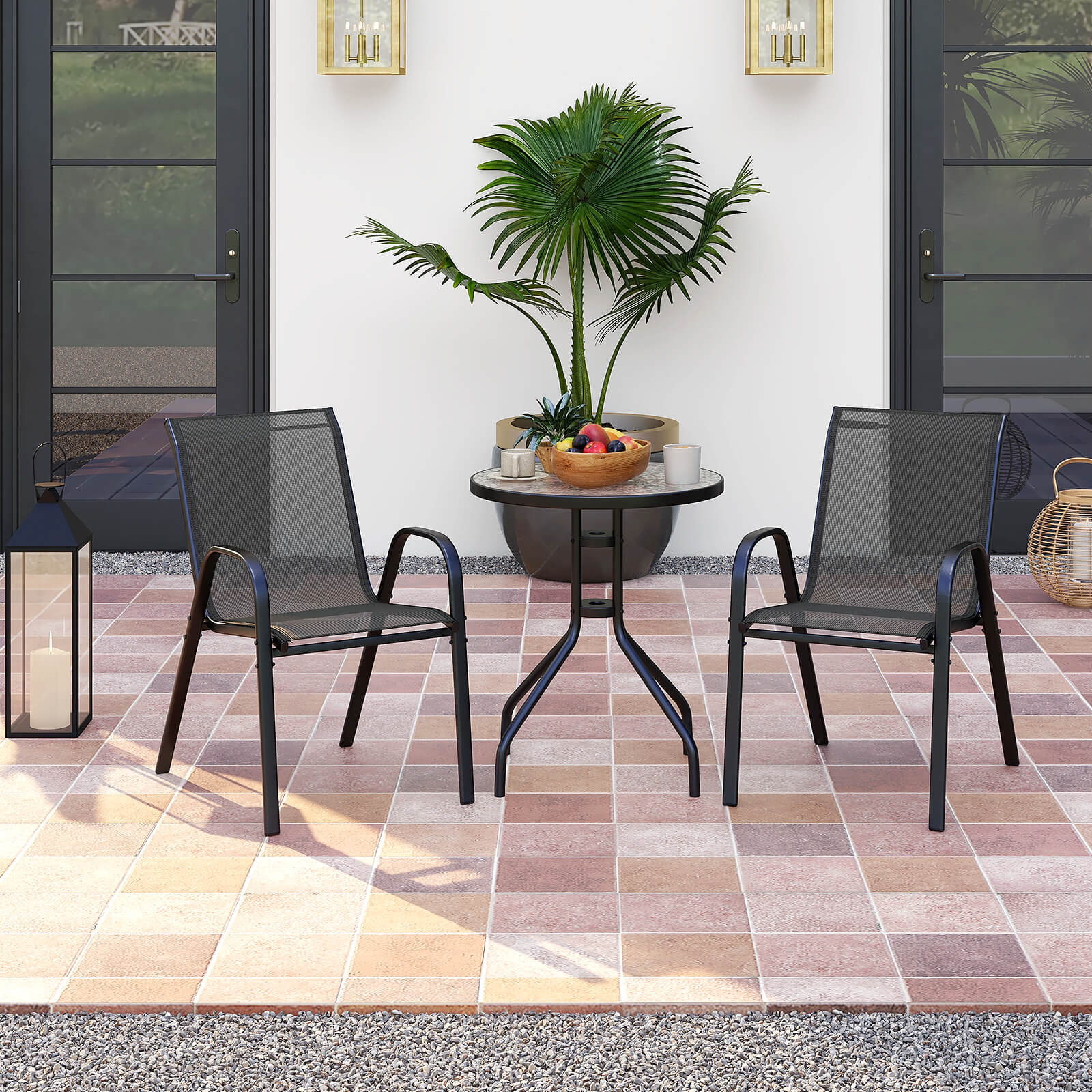 3 Pieces Outdoor Bistro Set with 2 Stackable Chairs and Round Side Table-Black - Image 3