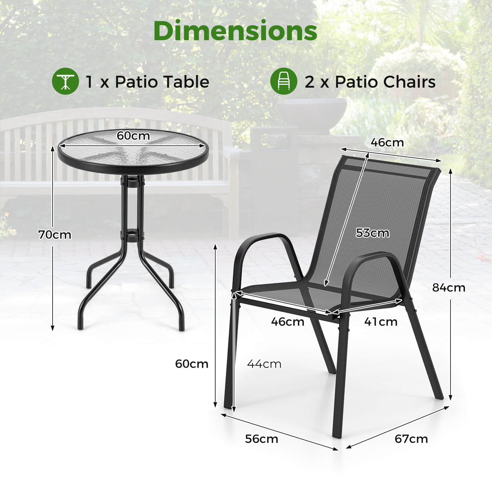 3 Pieces Outdoor Bistro Set with 2 Stackable Chairs and Round Side Table-Black - Image 5
