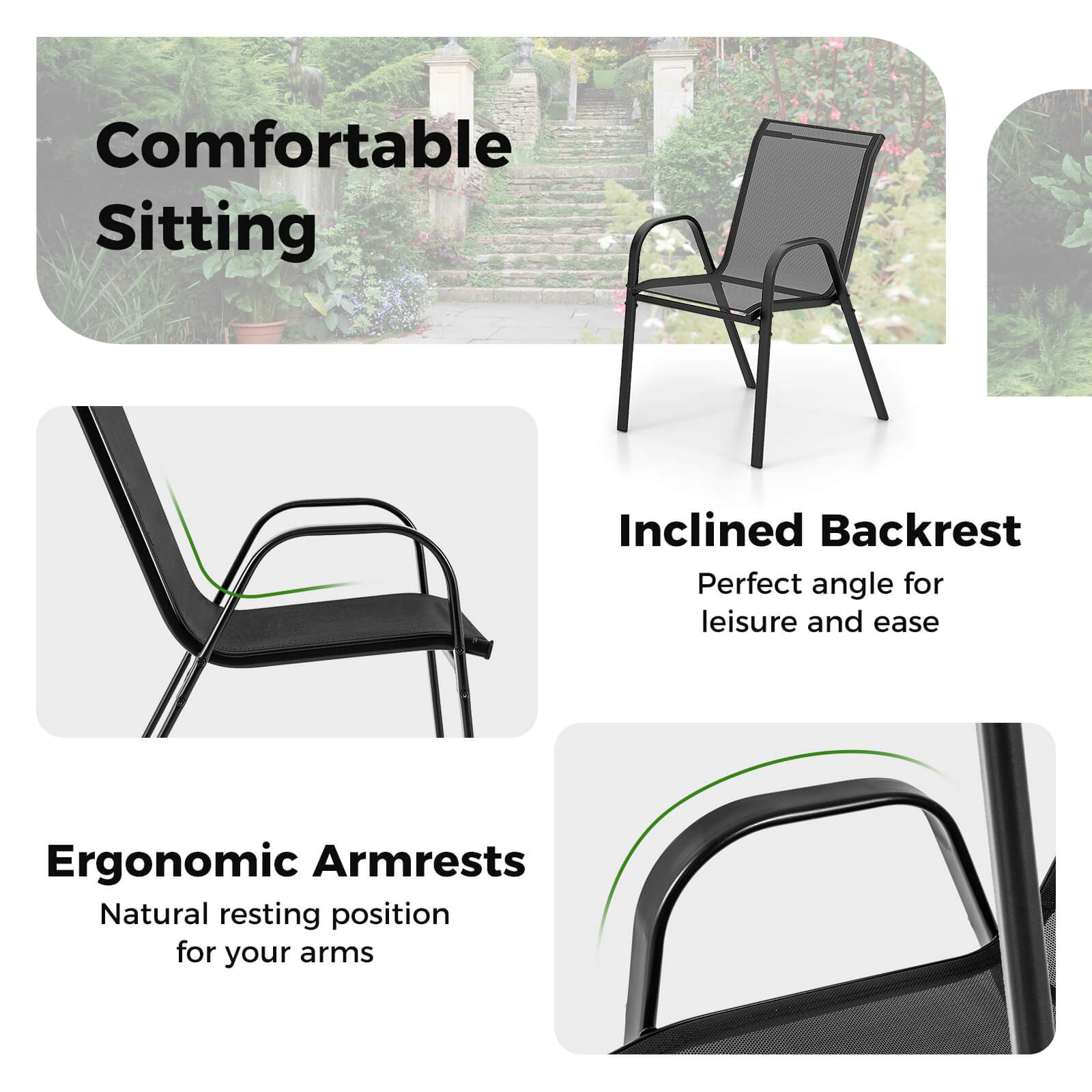 3 Pieces Outdoor Bistro Set with 2 Stackable Chairs and Round Side Table-Black - Image 8