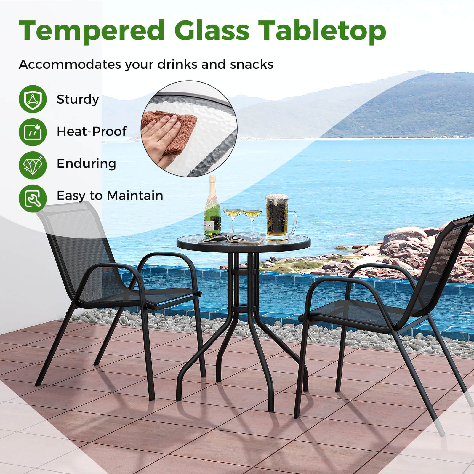 3 Pieces Outdoor Bistro Set with 2 Stackable Chairs and Round Side Table-Black - Image 9