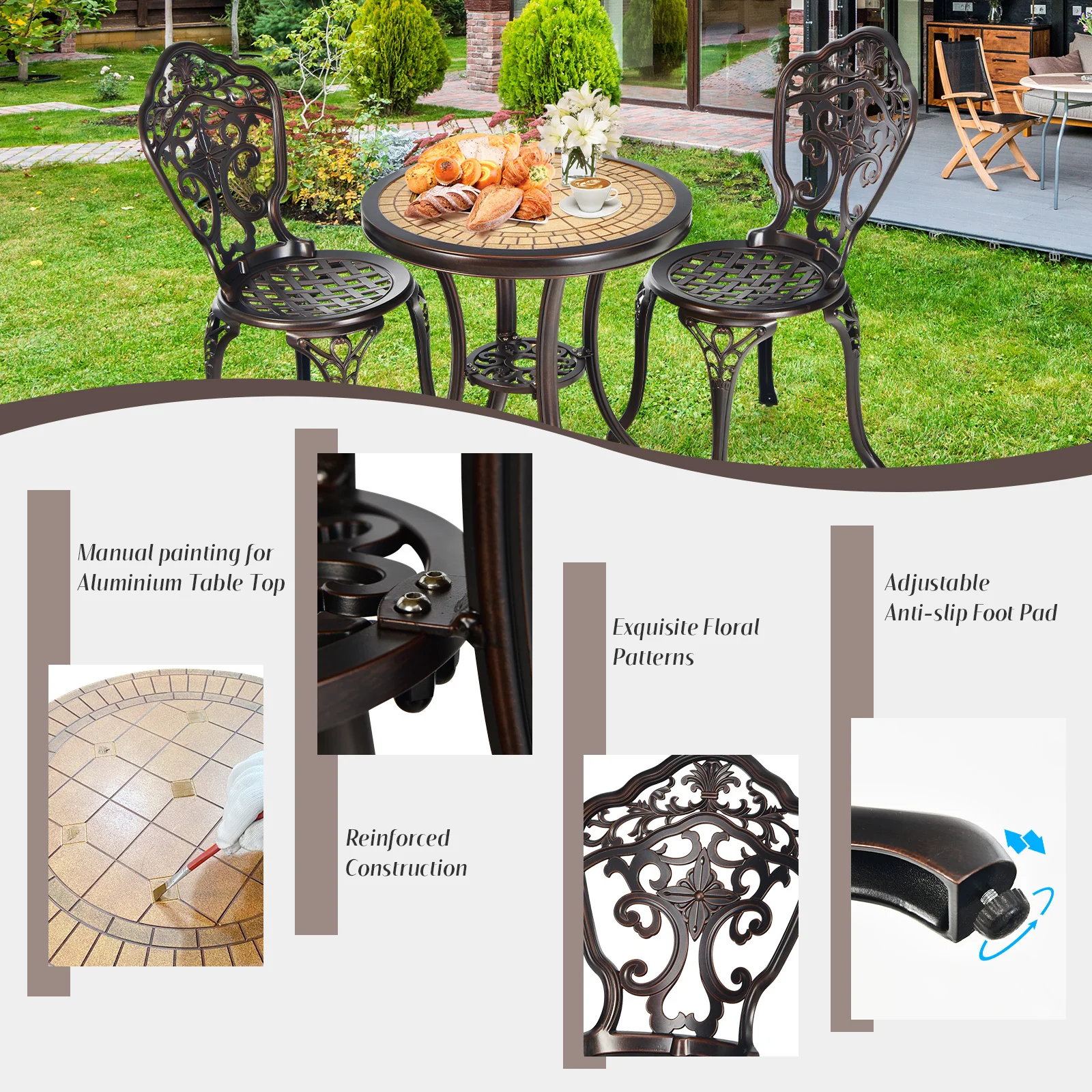 3 Pieces Patio Bistro Set for Porch Garden Poolside Backyard-Copper - Image 9