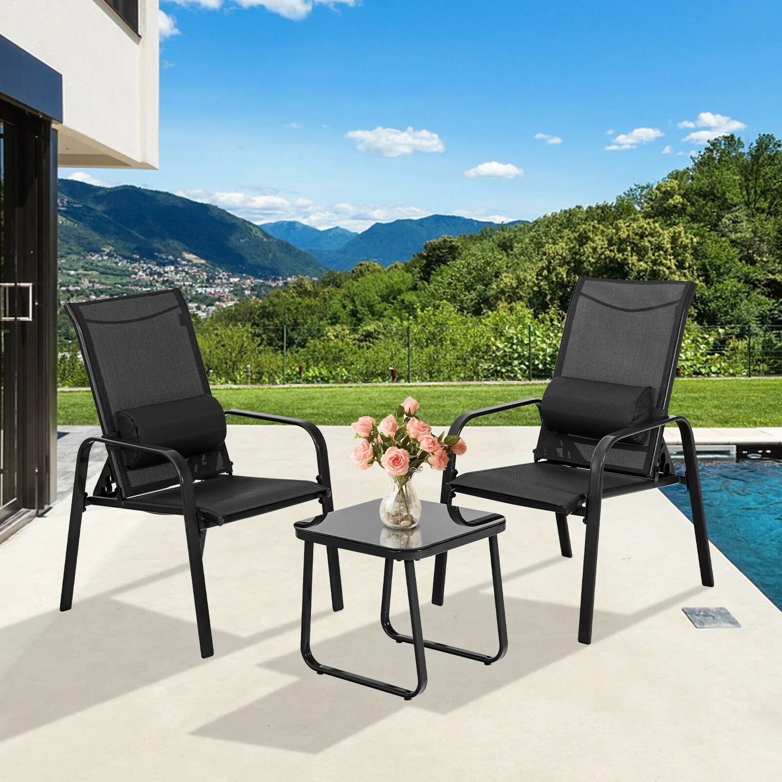 3 Pieces Patio Bistro Set With Coffee Table And 2 Stackable Chairs-Black - Image 6