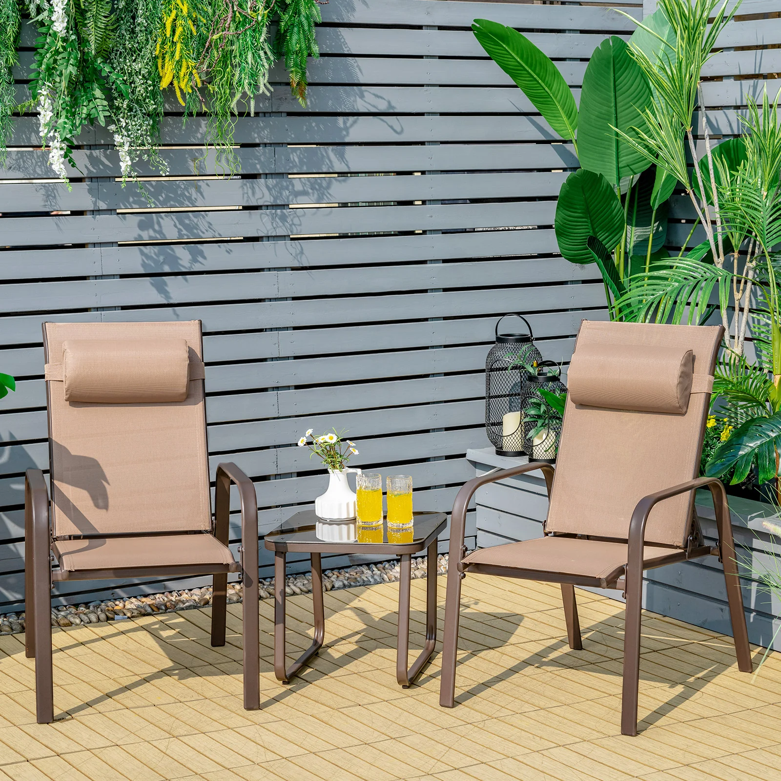 3 Pieces Patio Bistro Set with Coffee Table and 2 Stackable Chairs-Brown - Image 2