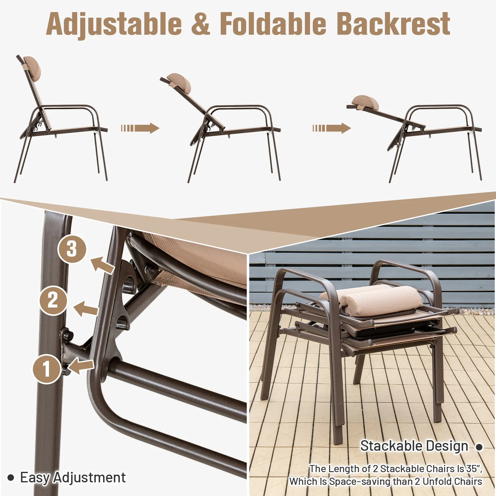3 Pieces Patio Bistro Set with Coffee Table and 2 Stackable Chairs-Brown - Image 7