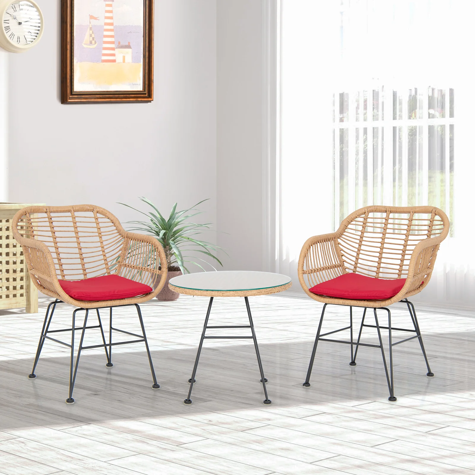 3 Pieces Patio Bistro Set with White Fabric Replacements-Red - Image 2