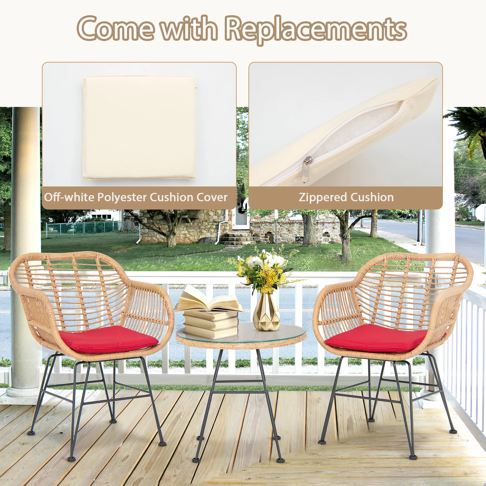 3 Pieces Patio Bistro Set with White Fabric Replacements-Red - Image 6