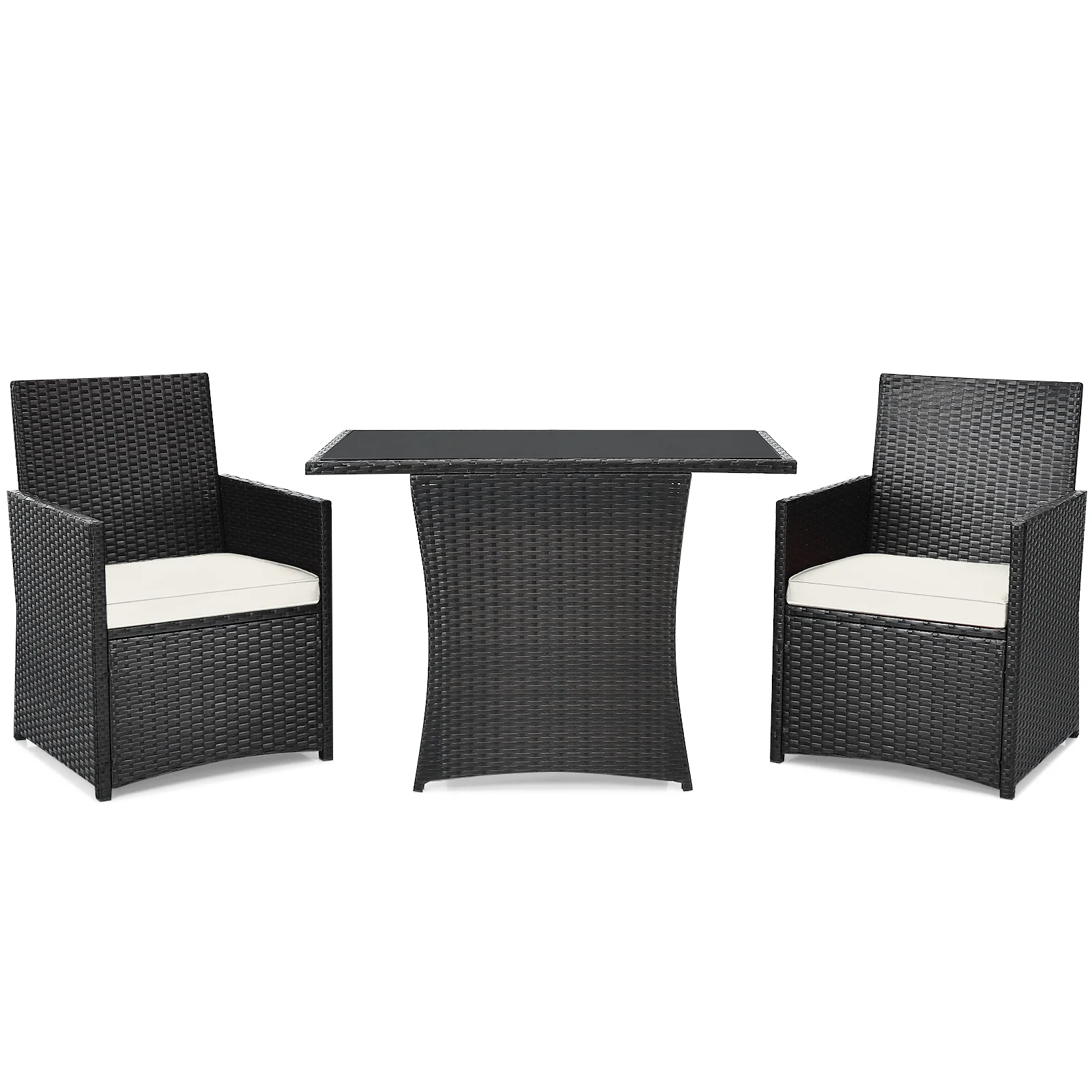 3 Pieces Patio PE Wicker Set With Tempered Coffee Table-White