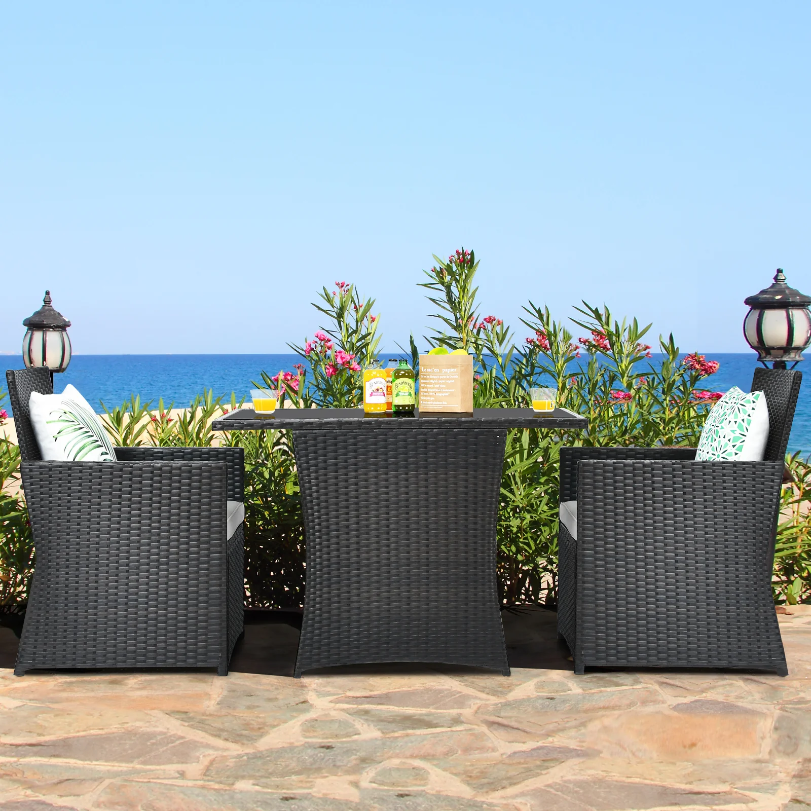 3 Pieces Patio PE Wicker Set With Tempered Coffee Table-White - Image 6