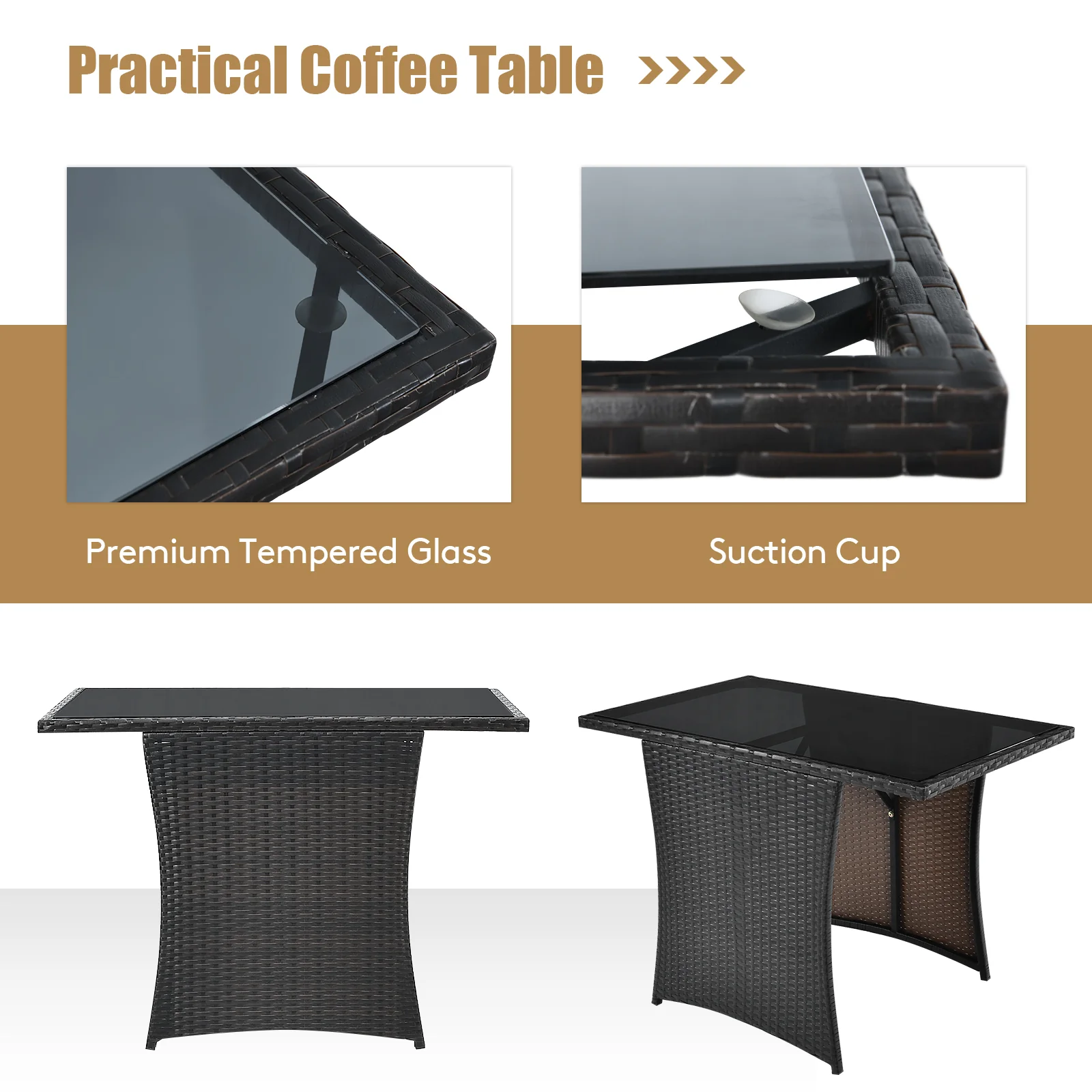 3 Pieces Patio PE Wicker Set With Tempered Coffee Table-White - Image 9