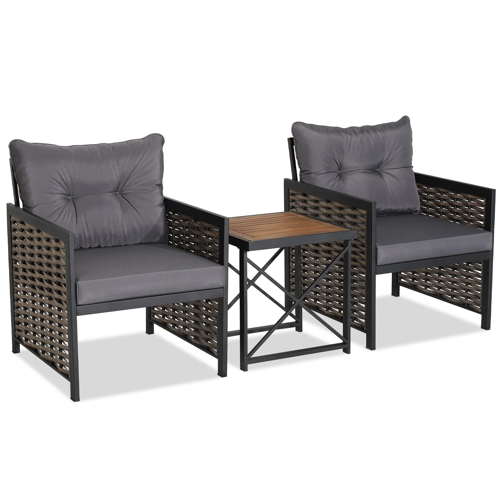 3 Pieces Patio Rattan Bistro Set with Acacia Wood Tabletop-Grey - Image 4