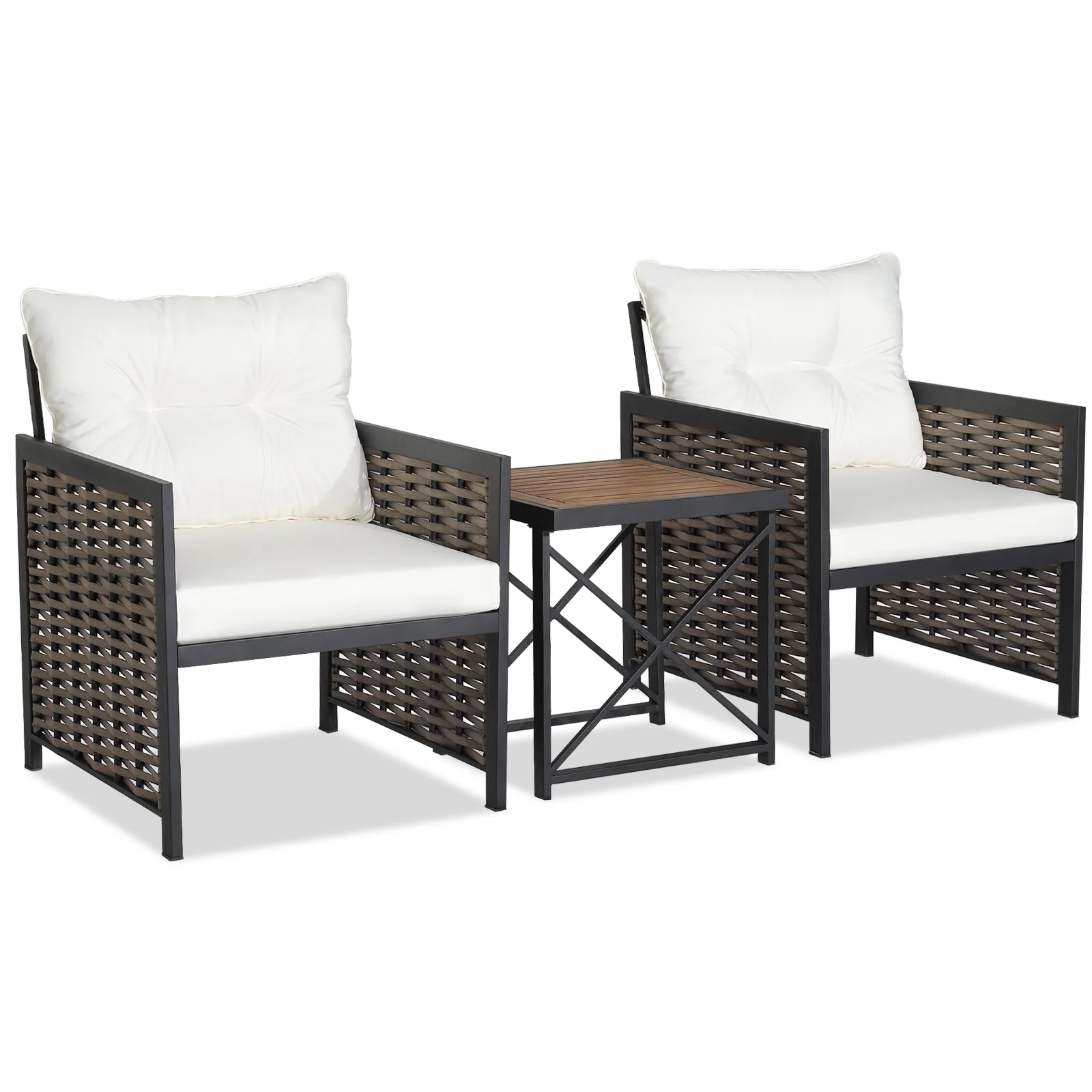 3 Pieces Patio Rattan Bistro Set with Acacia Wood Tabletop-White - Image 4