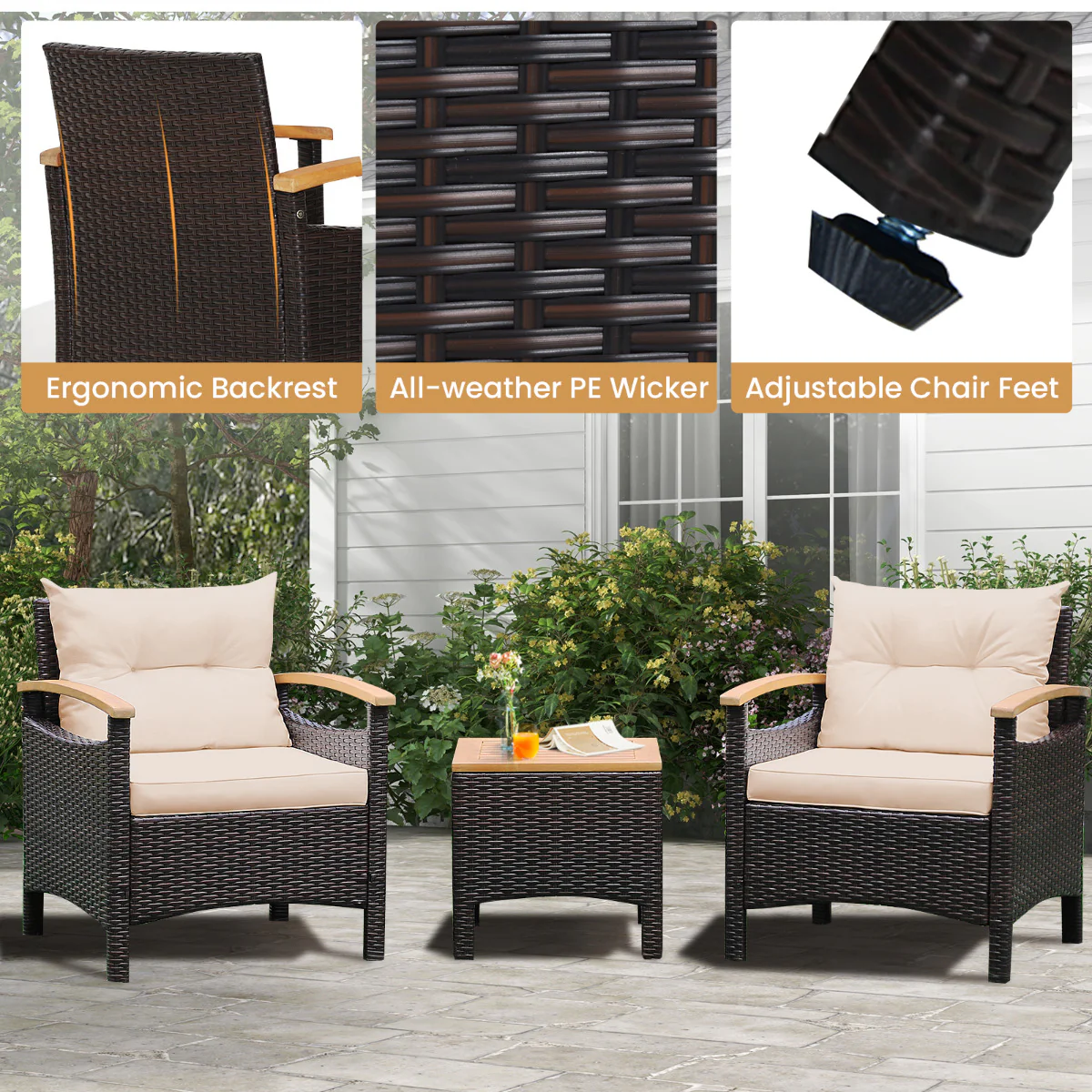 3 Pieces Patio Rattan Furniture Set with Cushions for Porch Backyard-Brown - Image 6