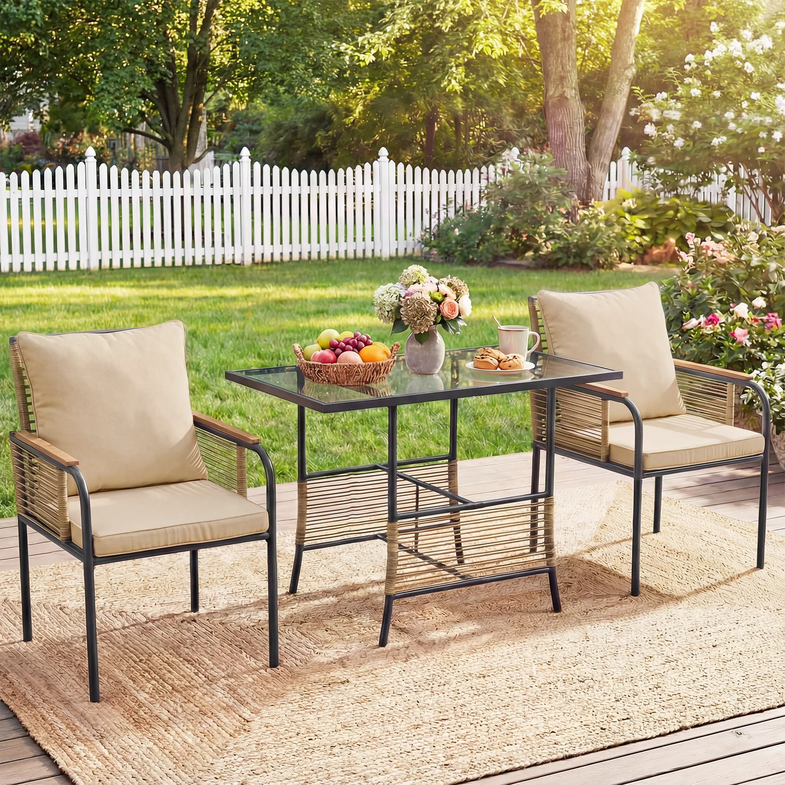 3 Pieces Patio Wicker Bistro Set with Cushions and Rattan Chairs for Balcony-Brown - Image 2