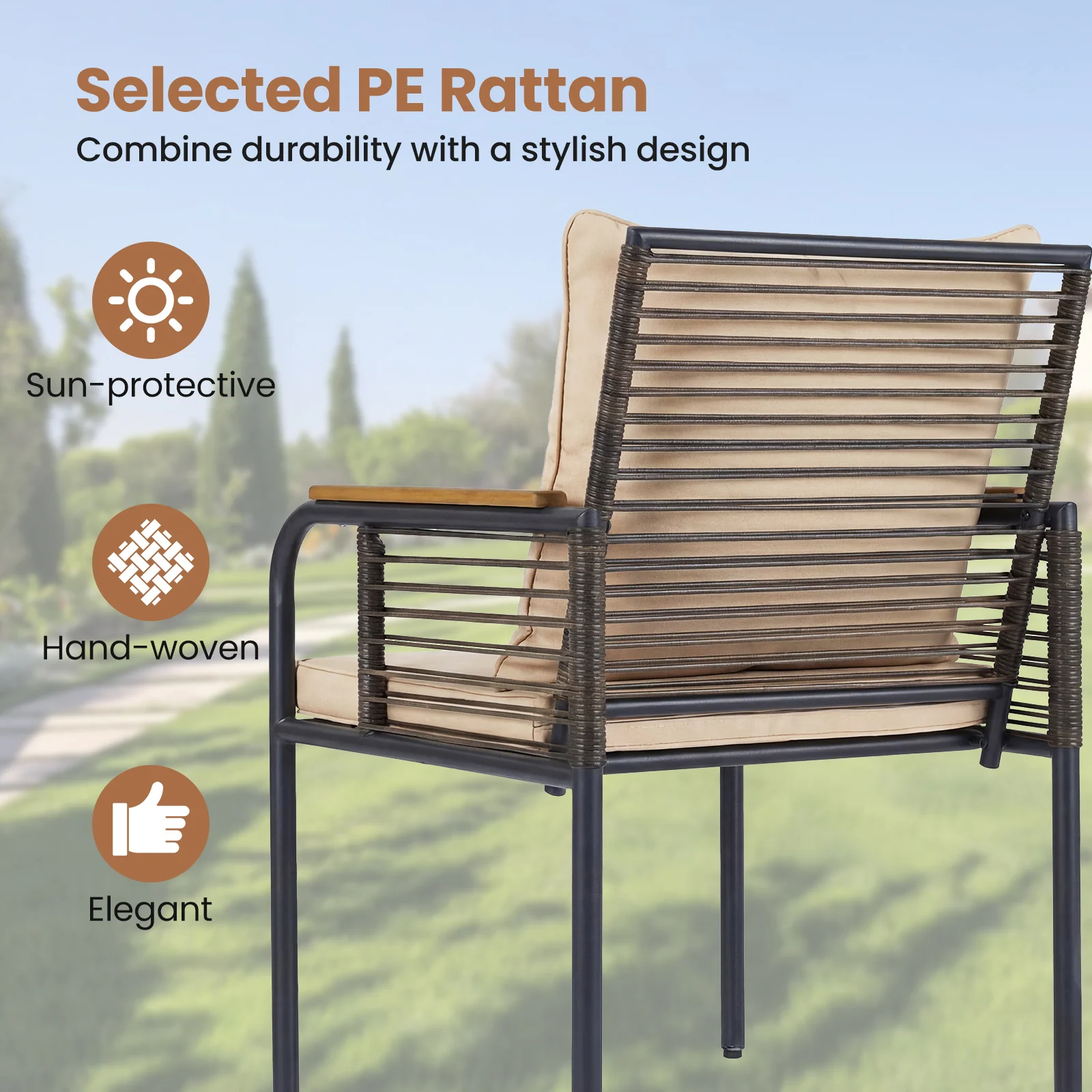 3 Pieces Patio Wicker Bistro Set with Cushions and Rattan Chairs for Balcony-Brown - Image 7