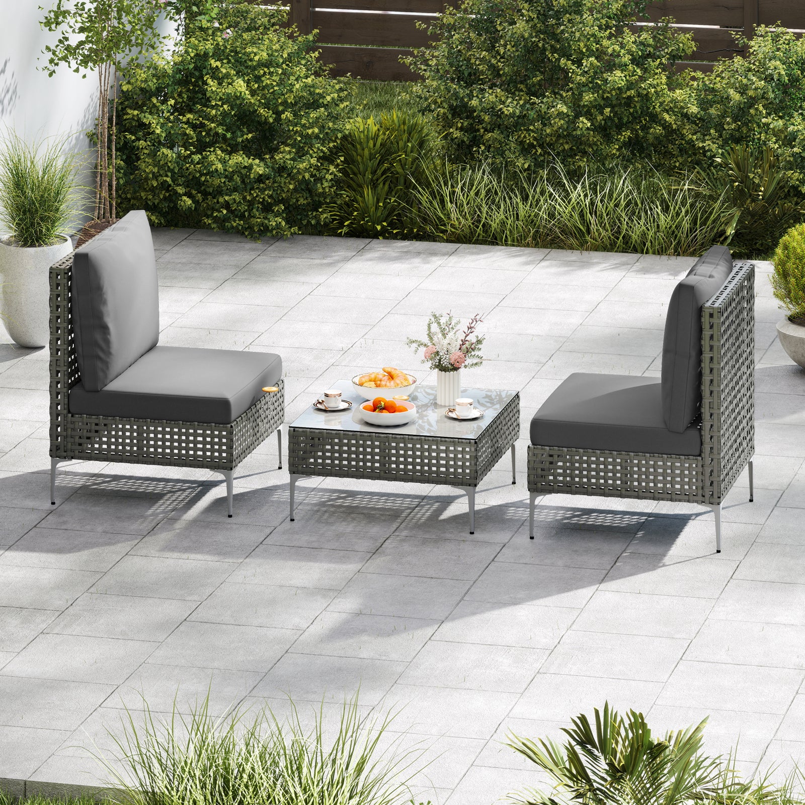 3 Pieces PE Rattan Conversation Chairs with Tempered Glass Coffee Table for Garden Porch-Grey - Image 3