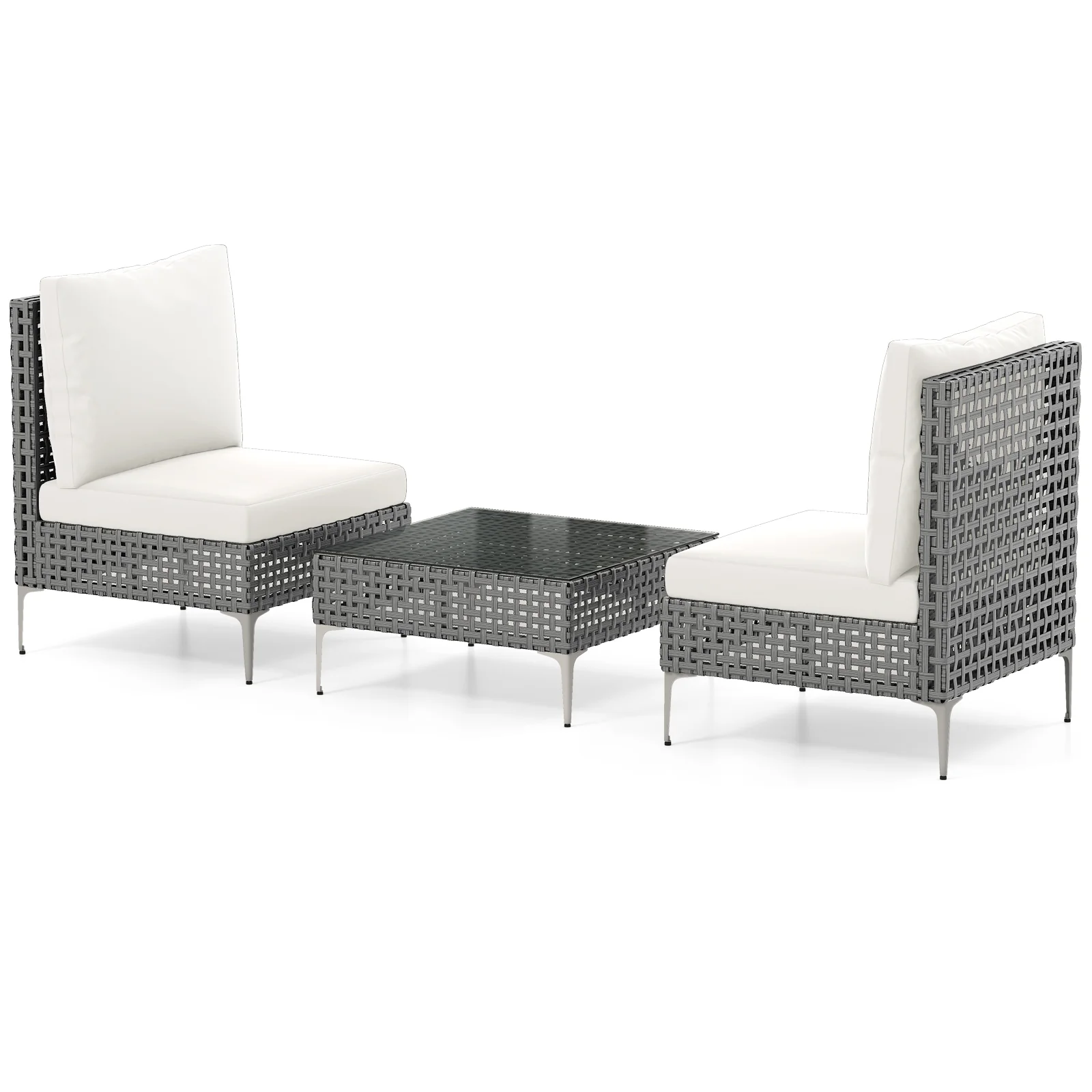 3 Pieces PE Rattan Conversation Chairs with Tempered Glass Coffee Table for Garden Porch-White - Image 7
