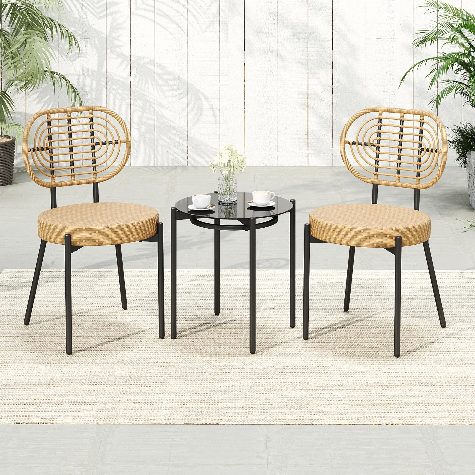 3 Pieces PE Wicker Outdoor Bistro Set Patio Conversation Set with Tempered Glass Coffee Table and Rattan Chairs-Brown - Image 10