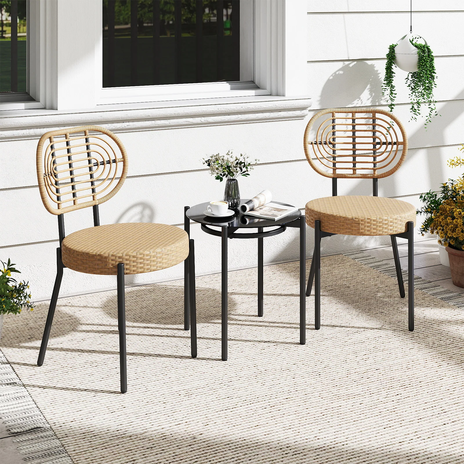 3 Pieces PE Wicker Outdoor Bistro Set Patio Conversation Set with Tempered Glass Coffee Table and Rattan Chairs-Brown - Image 2